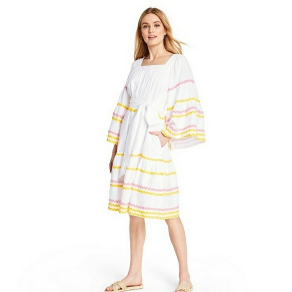 NWT! LISA MARIE FERNANDEZ RIC RAC TRAPEZE TENT DRESS SMALL WHITE YELLOW PINK - Picture 5 of 10